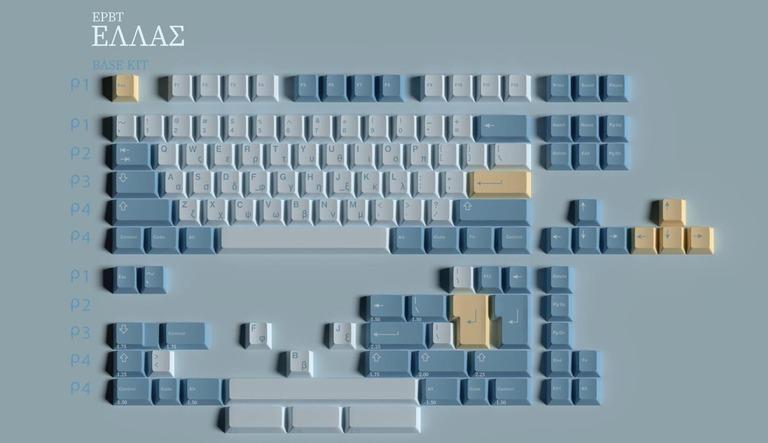 ePBT Hellas - Keycap group buy cover image featuring ePBT Hellas, keycap set, Athens, keyboard, colors, production, vendors, architecture, Pantone, Greek mythology, display, temple, Doric pillar