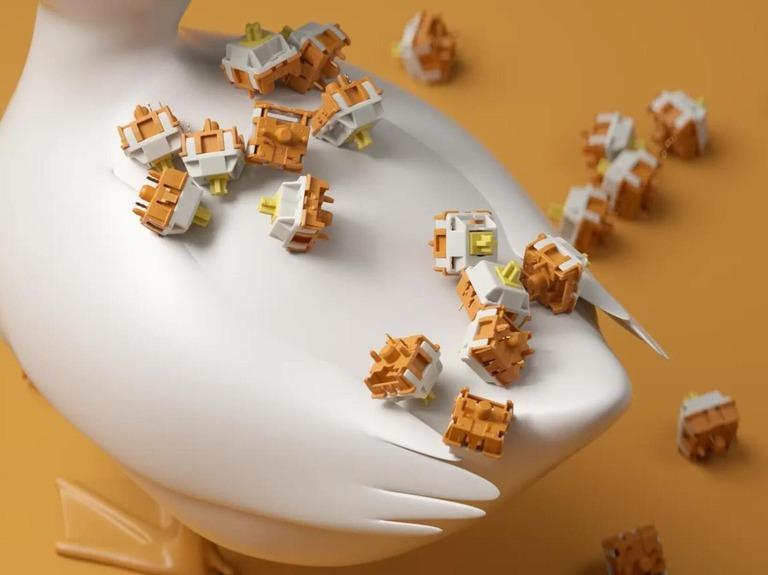 HMX Sunset Gleam Linear Switch - Switches group buy cover image featuring HMX Sunset Gleam, linear switch, mechanical keyboard, Knock Knock Studio, PC housing, PA66 housing, LY stem, clacky switch, factory lubed, Unikeys, keyboard enthusiasts.