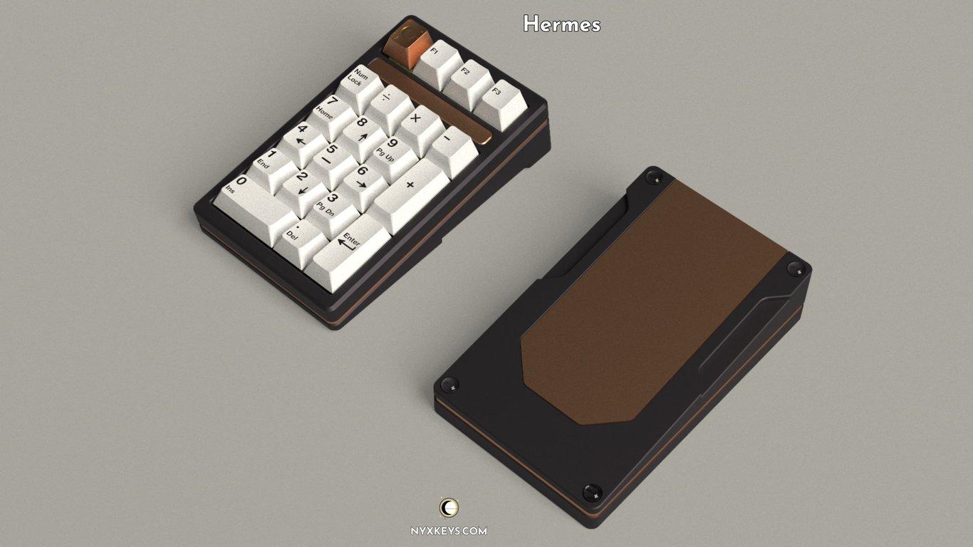 Hermes (IC) - Keyboard interest check cover image featuring Hermes, numpad, macropad, QMK, VIA, aluminum, 3D-printed, customizable, underglow lighting