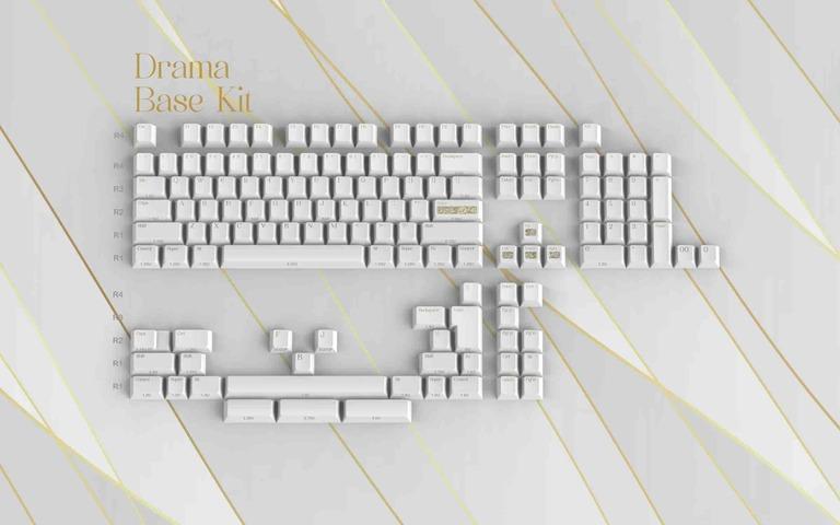 Drama (IC) - Keycap interest check cover image featuring Drama keycap set, Shakespeare-inspired keycaps, luxury keycaps, champagne gold keycaps, platinum keycaps, custom keycaps, mechanical keyboard keycaps, engraved keycaps, ClickClack keycap set
