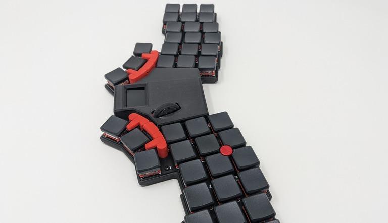 Santoku (IC) - Keyboard interest check cover image featuring Santoku, Homerow, Trackpoint, 40% keyboard, column stagger, split keyboard, compact keyboard, mouse scroll wheel, OLED, lightweight, low-profile, keyboard kit, Kailh Chocs, MBK keycaps