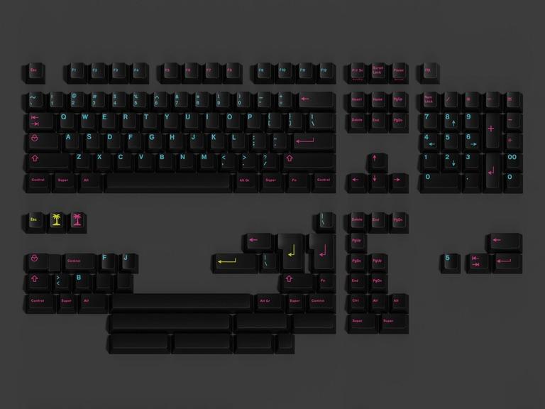 KKB Miami Nights (IC) - Keycap interest check cover image featuring KKB Miami Nights,  custom keycaps,  Cherry profile,  doubleshot ABS,  mechanical keyboard,  magenta keycaps, cyan keycaps