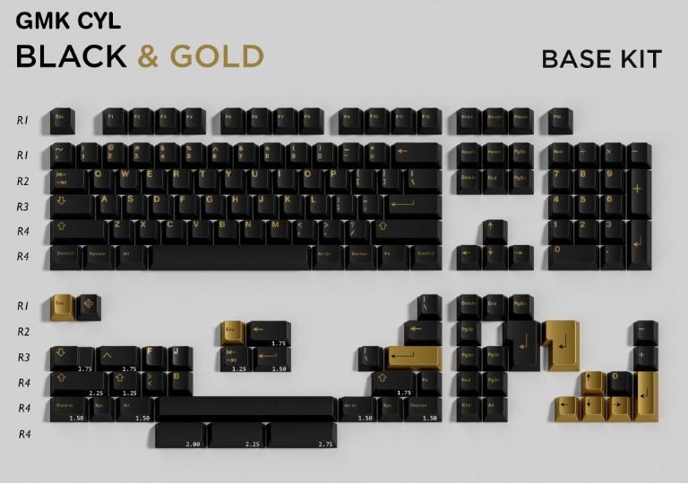 GMK Black & Gold - Keycap group buy cover image featuring GMK, keycap set, black and gold, luxury, metallic ABS, Art Deco, Casino Royale, keycaps, groupbuy