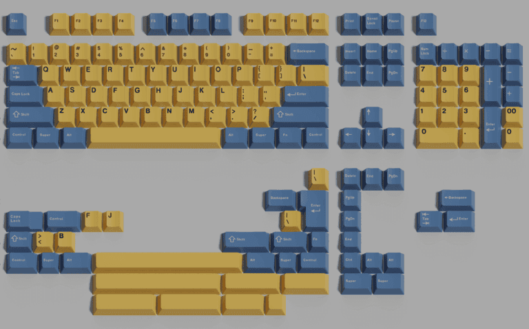 KKB Henchmen - Keycap group buy cover image featuring KKB Henchmen, keycap set, mechanical keyboard, custom keyboard, group buy, villain, henchmen, Pantone 13-0851 Minion Yellow, RAL 250 50 30 Prominent Blue, GMK CR, RAL 260 60 05 Seal Grey