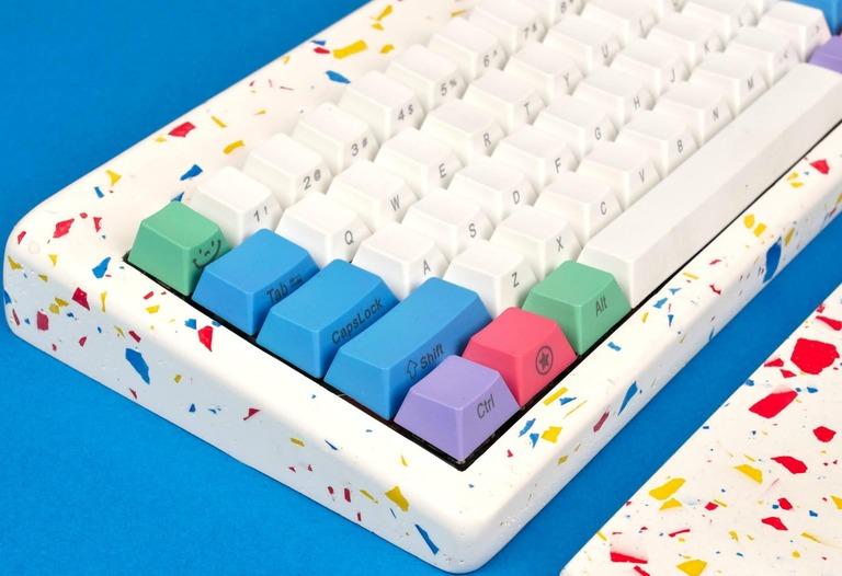 Mason60 (IC) - Others interest check cover image featuring Mason60, terrazzo-style, keyboard case, engineered stone, Brazen Studio, tray-mount, GH60, Jesmonite, custom design, handcrafted, Ian Fong