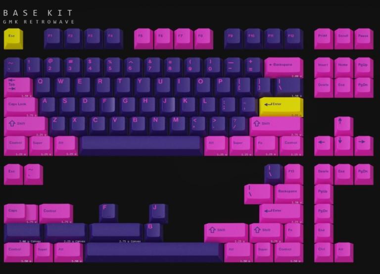GMK Retrowave - Keycap group buy cover image featuring GMK Retrowave, 80s, retrowave, keycaps, neon, arcade, design, Sega, Venice Beach, artisan, Space Cables, SwitchKeys, CandyKeys