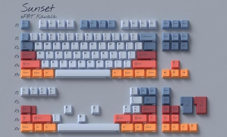 ePBT Kavala - Keycap group buy cover image featuring ePBT Kavala, keycap set, Greece, sunset, dyesub, gradient, Pantones, keyboard accessories, mechanical keyboards