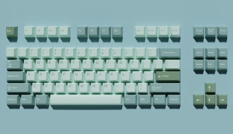 GMK Eucalyptus (IC) - Keycap interest check cover image featuring GMK Eucalyptus, keyboard set, eucalyptus theme, green tones, blue tones, keycap design, novelties, interest check
