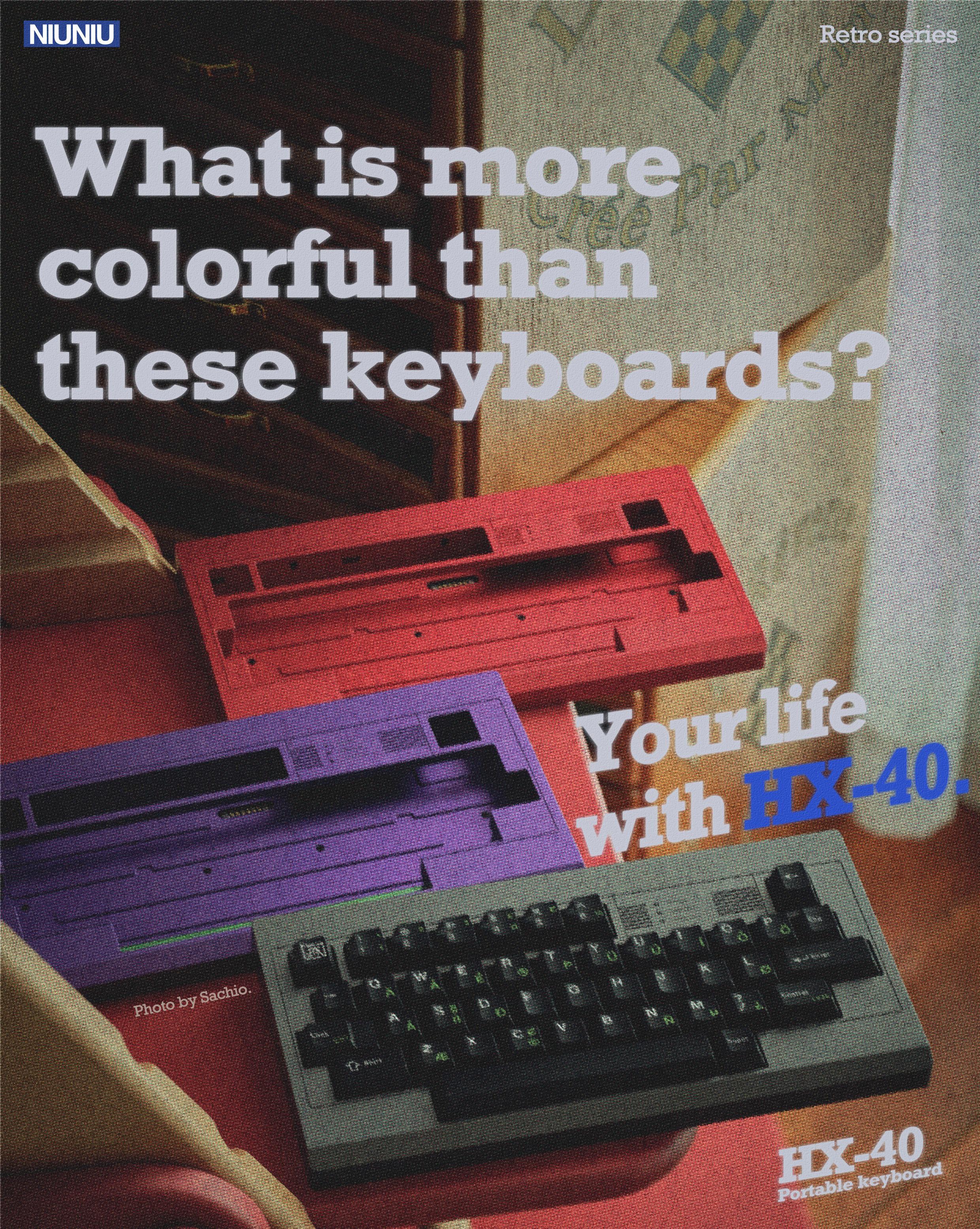 HX40 (IC) - Keyboard interest check cover image featuring HX40, mechanical keyboard, 40-layout, Niuniu Studio, top-mount, silicone gaskets, magnetic daughterboard, EC keyboard