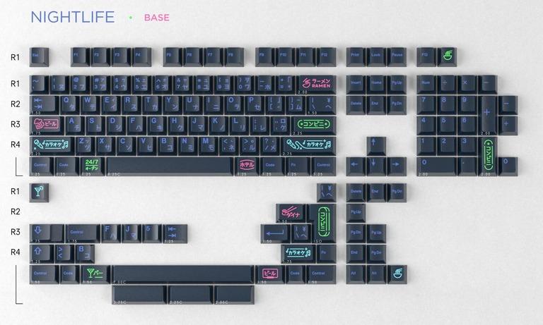 GMK Nightlife (GB) - Keycap group buy cover image featuring GMK Nightlife, keycaps, mechanical keyboard, group buy, Japanese streets, neon signs, Q1 2024, Novelkeys, Oblotzky Industries, Prototypist, DailyClack, DeskHero, Ilumkb, ZFrontier, FreshFromTheGrave