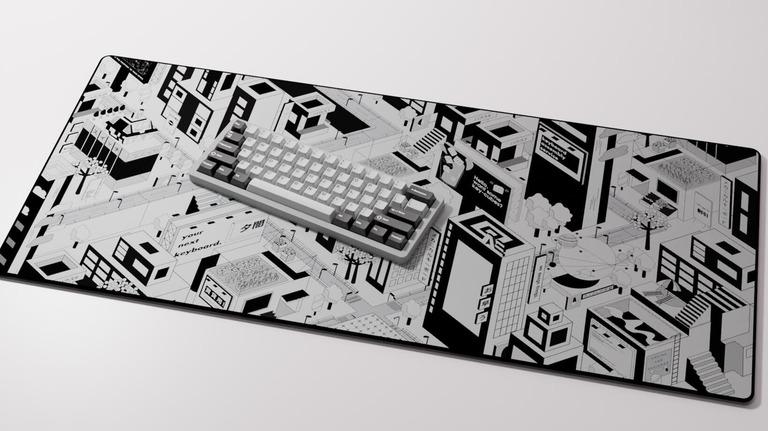 Utopia Deskmat - Deskmats & Accessories group buy cover image featuring Utopia Deskmat, isometric design, group buy, Easter eggs, deskmat colorway, smooth cloth surface