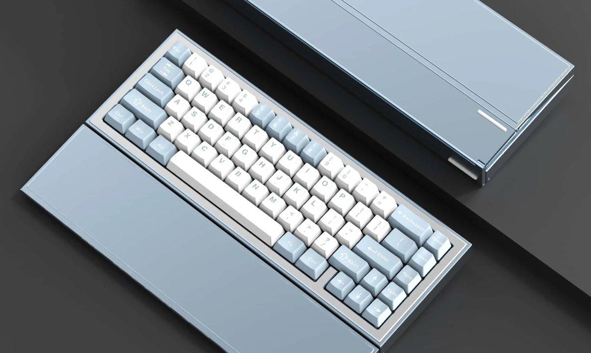 ESU67 (GB) - Keyboard group buy cover image featuring ESU67, EAZSOO Studio, keyboard design, aluminum unibody, foldable wrist rest, magnetic wrist rest, Hall effect sensor, modular battery, custom keyboard, ClickClack, Bat Knight Studio