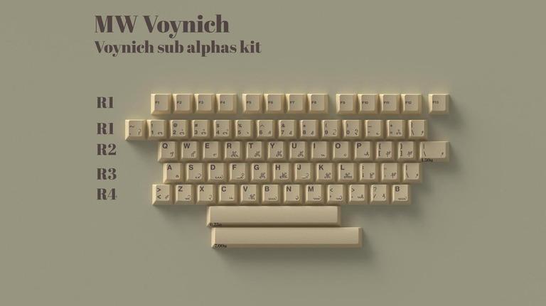 MW Voynich (IC) - Keycap interest check cover image featuring Voynich Manuscript, keycap set, cryptographic puzzle, V101 font, Glenn Claston, Pantone colors, keyboard accessories
