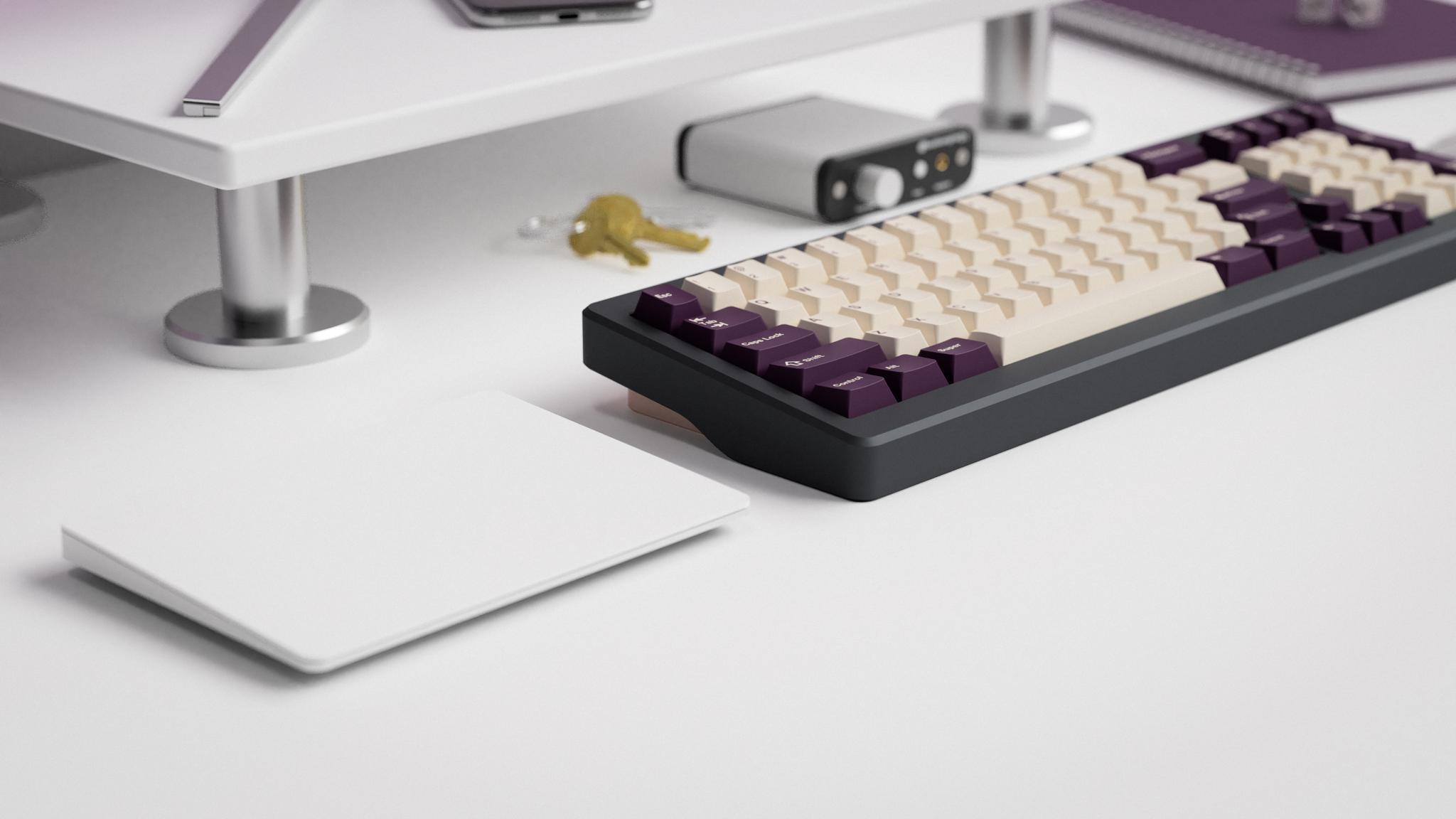 GMK Violet on Cream - Keycap group buy cover image featuring GMK, Violet on Cream, Group Buy, keyboard, keycaps, Novelkeys, MyKeyboard.eu, Daily Clack, iLuMKB, zFrontier, artisan, giveaway
