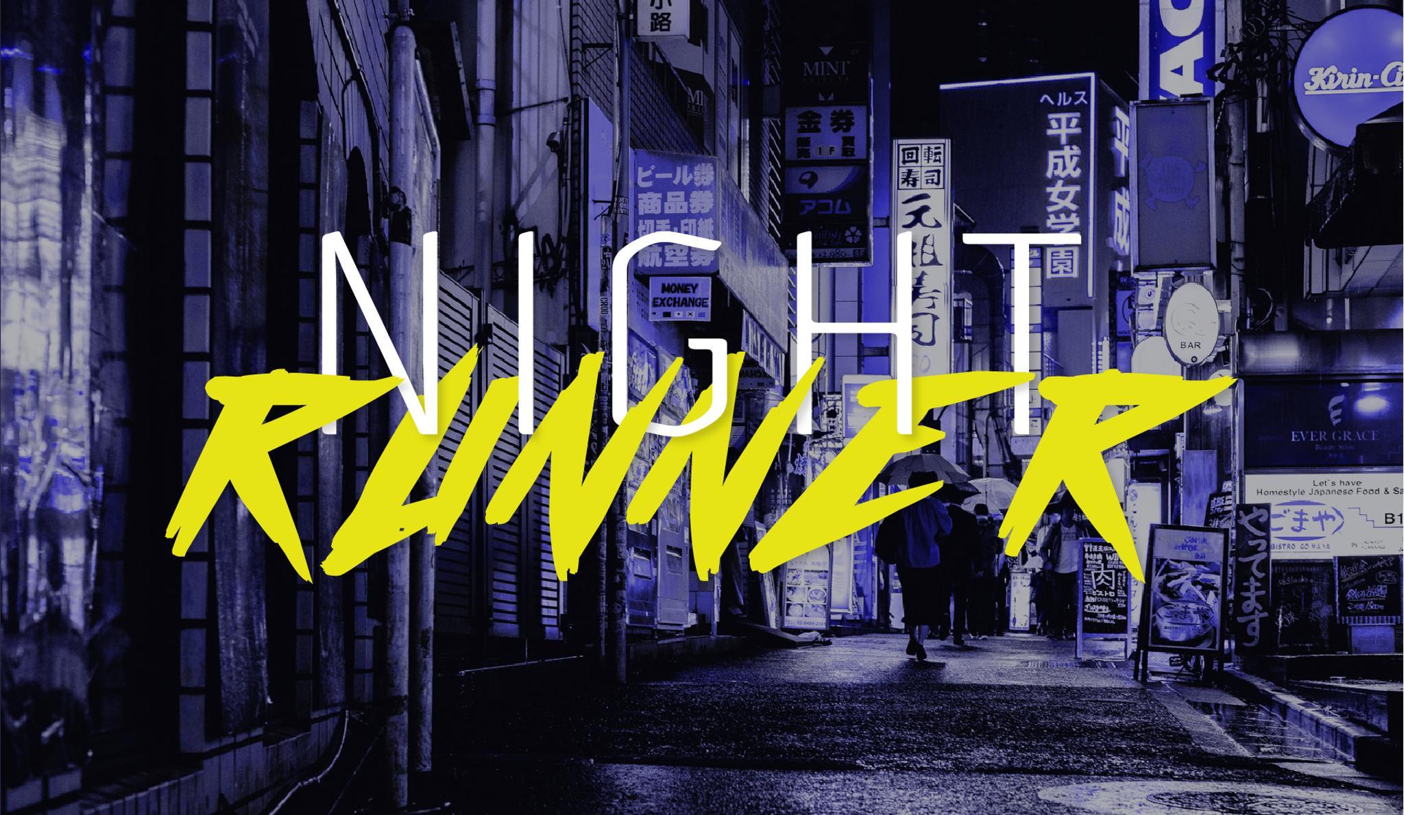 GMK Night Runner - Keycap group buy cover image featuring GMK Night Runner, dystopian, cyberpunk, keyset, night sky, fluorescent signs, TheKey.Company