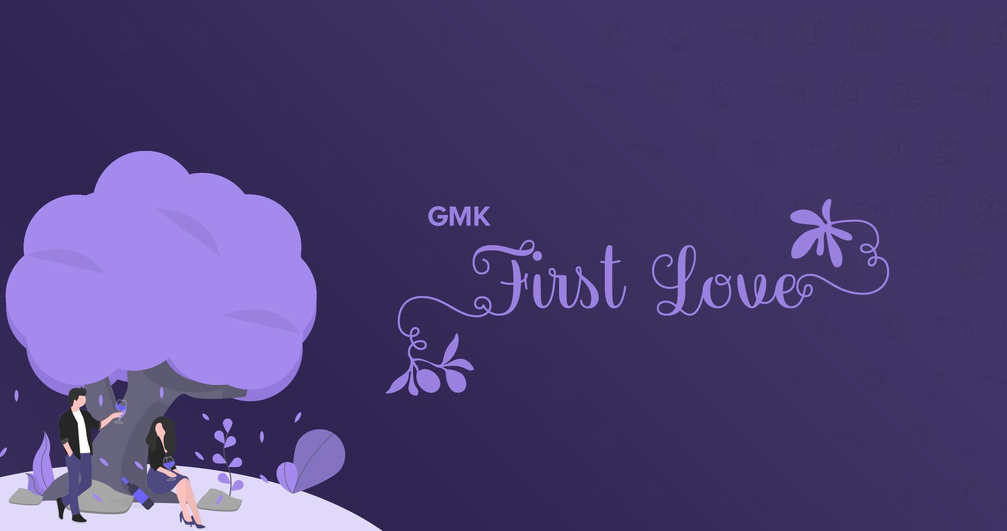 GMK First Love (GB) - Keycap group buy cover image featuring GMK First Love, keycap set, dark purple, lilac, professional office, aluminum cap, TGR boards, color samples, group buy, keyset design, affordable pricing