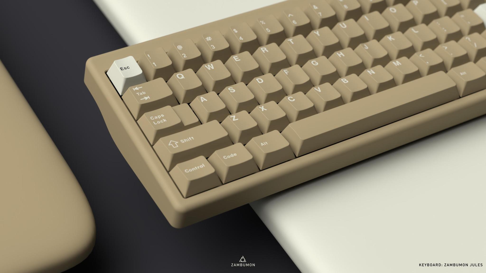 GMK Sandstorm (GB) - Keycap group buy cover image featuring GMK Sandstorm, custom keycap set, Zambumon, cerakoted keyboards, tactical equipment, beige keycaps