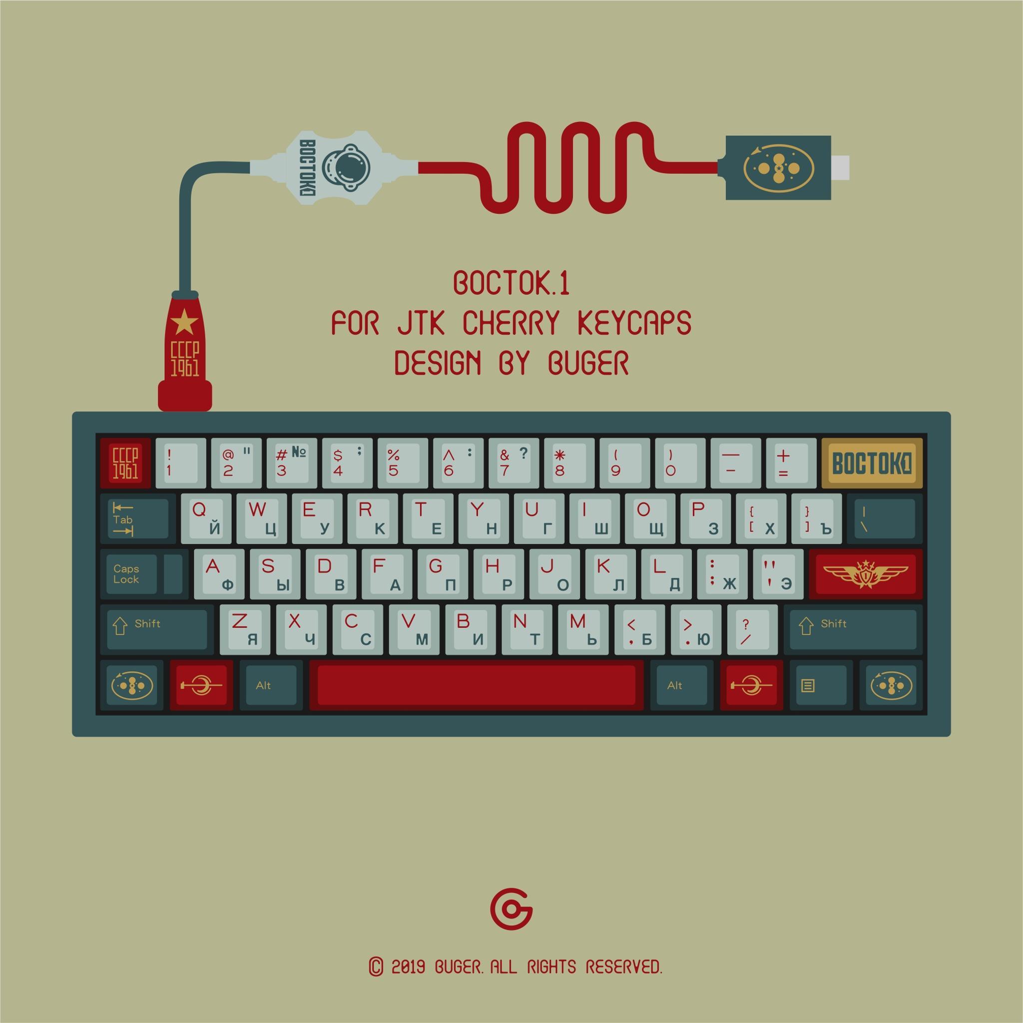 JTK Vostok-1 (IC) - Keycap interest check cover image featuring JTK Vostok-1, Soviet Union, spaceflight, keycap set, Yuri Gagarin, Baikonur Cosmodrome, tripleshot molds, Cyrillic, USSR, ABS keycaps