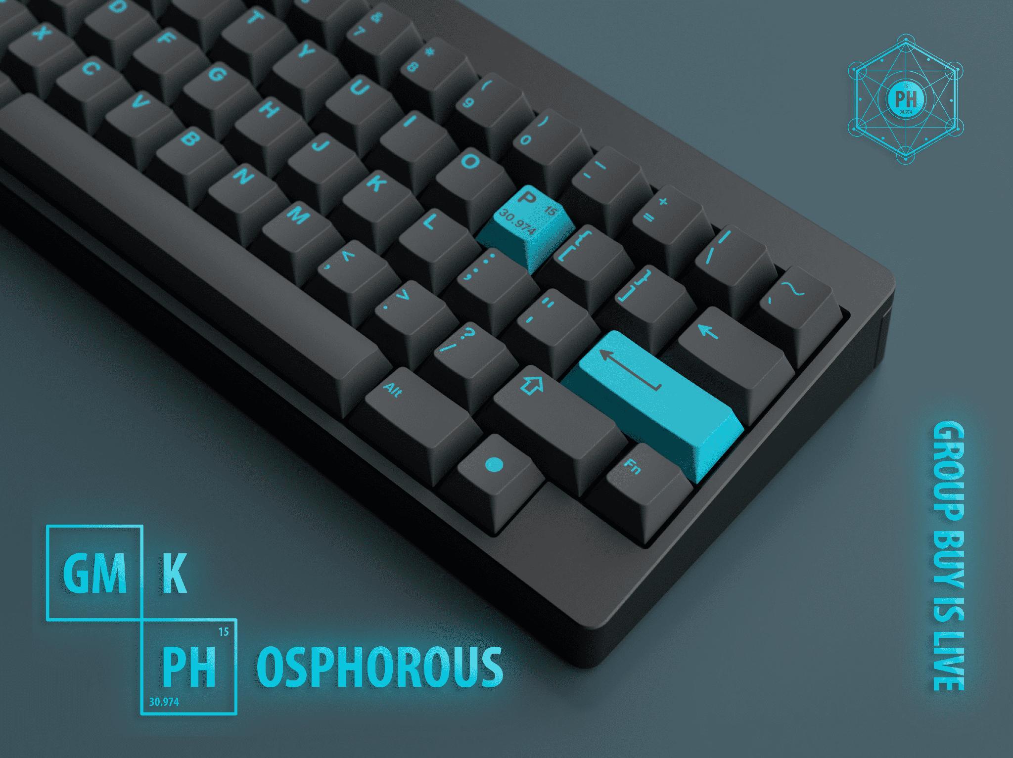 GMK Phosphorous - Keycap group buy cover image featuring GMK Phosphorous, keycap sets, live launch, NorDEUK, RAMA WORKS, M60-A Moon, enamel product, color matching