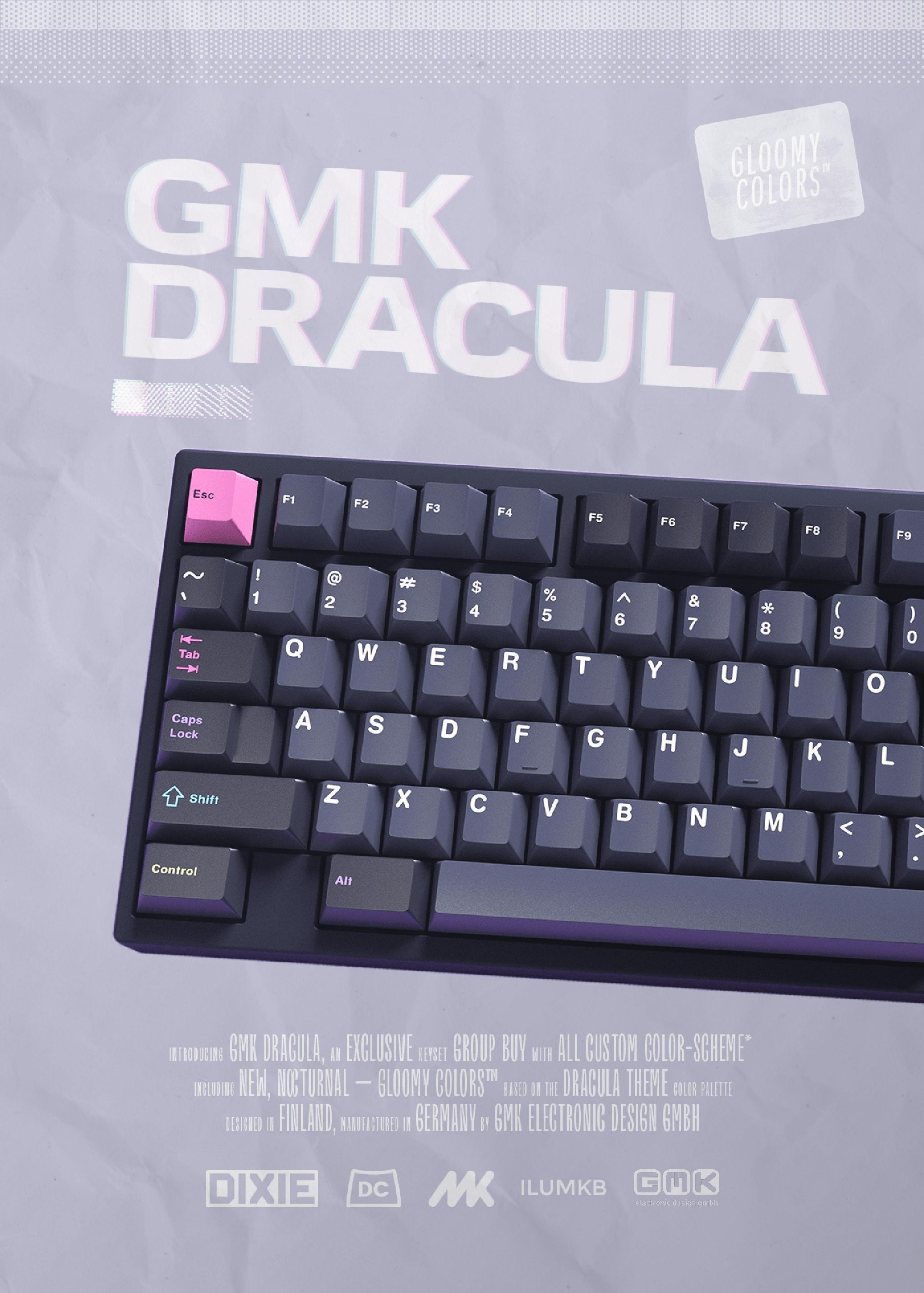 GMK Dracula (GB) - Keycap group buy cover image featuring GMK Dracula, group buy, keyset, keyboard, Dracula Theme, color-scheme, modules, Dixie Mech, custom colors, Pantone