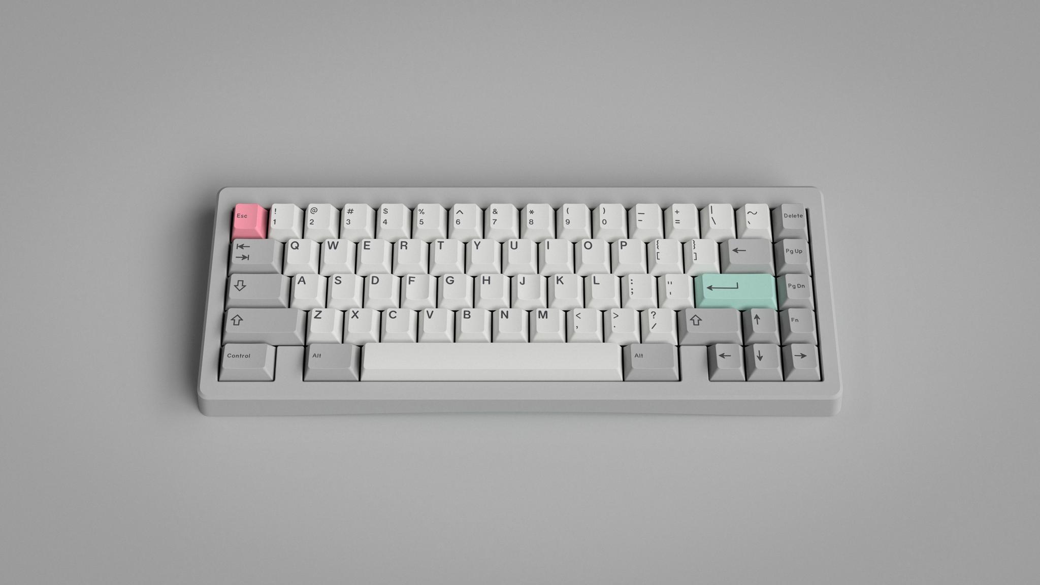 GMK Modern Dolch Light (IC) - Keycap interest check cover image featuring GMK Modern Dolch Light, keyboard, keycap set, cool greys, low contrast, cyan accents, red accents, kit structure, Mac user, group buy