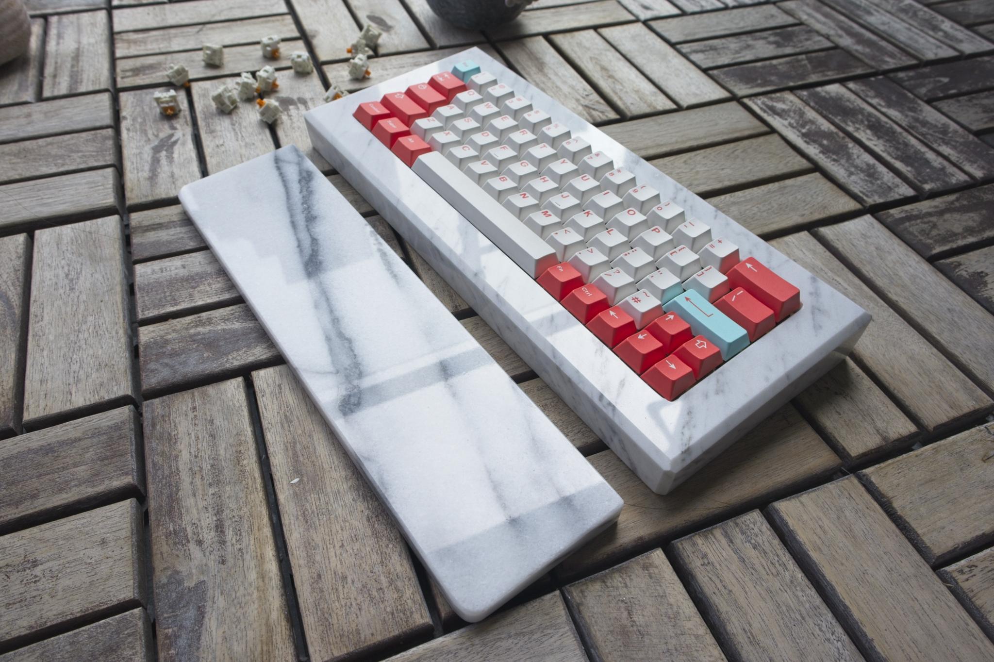 FirstSlab60 (IC) - Keyboard interest check cover image featuring marble keyboard case, 60% keyboard, marble wrist rests, Carrara marble, prototype, geekhack, GB, metal parts design