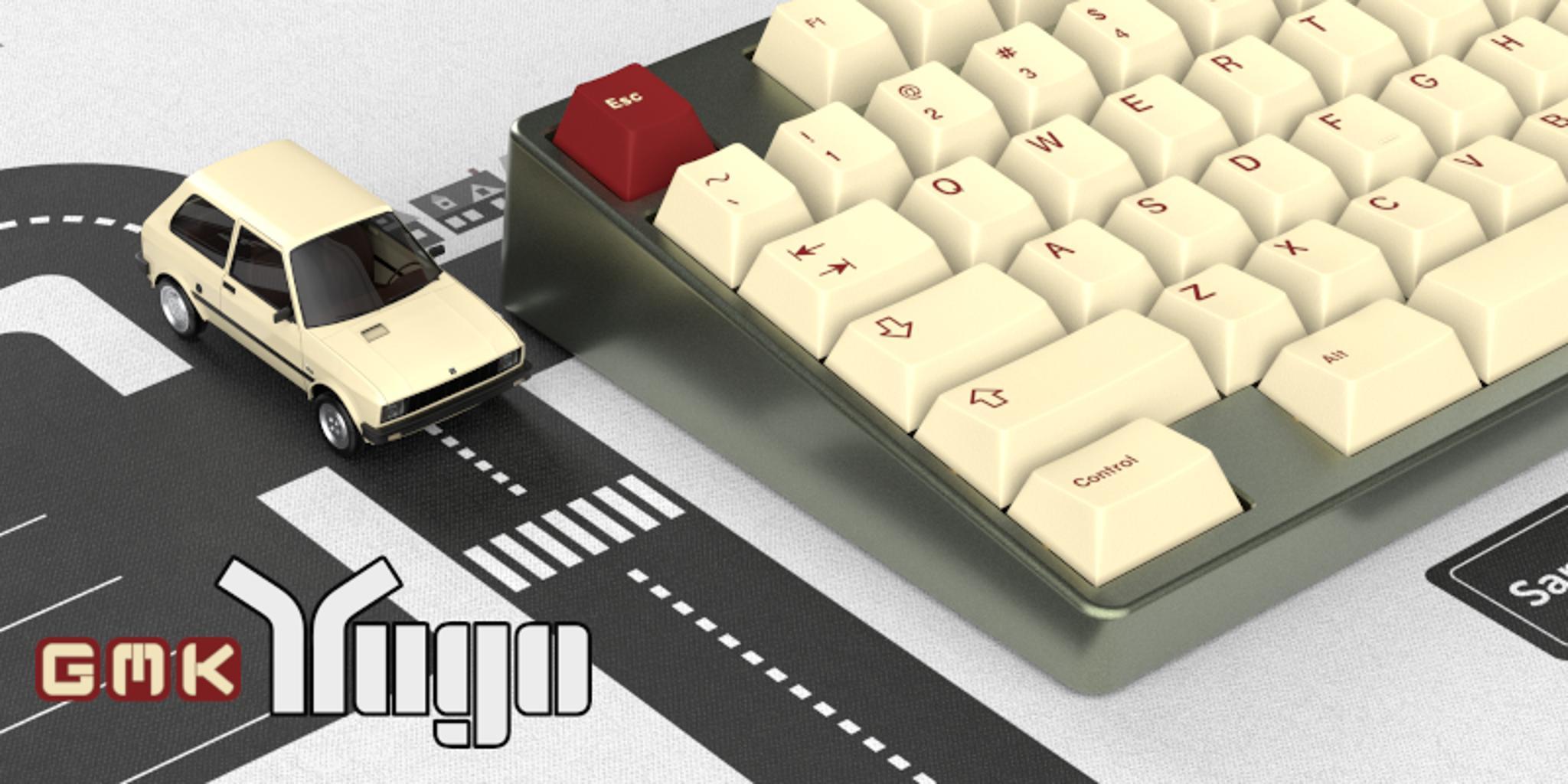 GMK Yugo - Keycap group buy cover image featuring GMK Yugo, mech keyboard, community project, Yugo car, Balkans, former Yugoslavia, keyboard enthusiasts, Yugo GV Sport, custom keycap sets, mechanical keyboards