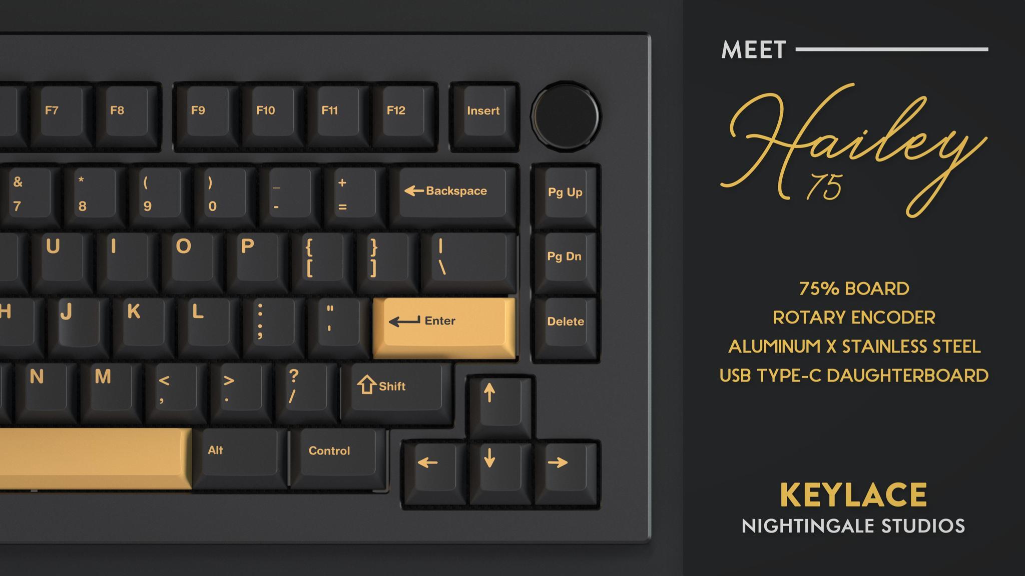 Hailey SS 75% (IC) - Keyboard interest check cover image featuring Hailey keyboard, stainless steel, mirror-polished, PVD finish, Kagami finish, aluminum, carbon fiber plate, ANSI, ISO, pricing, logistics