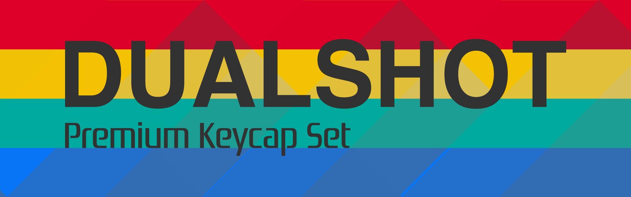 GMK DUALSHOT - Keycap group buy cover image featuring GMK Dualshot, keycap set, 90s console, GMK colors, desk mat, Bauer, Alice, Dharma