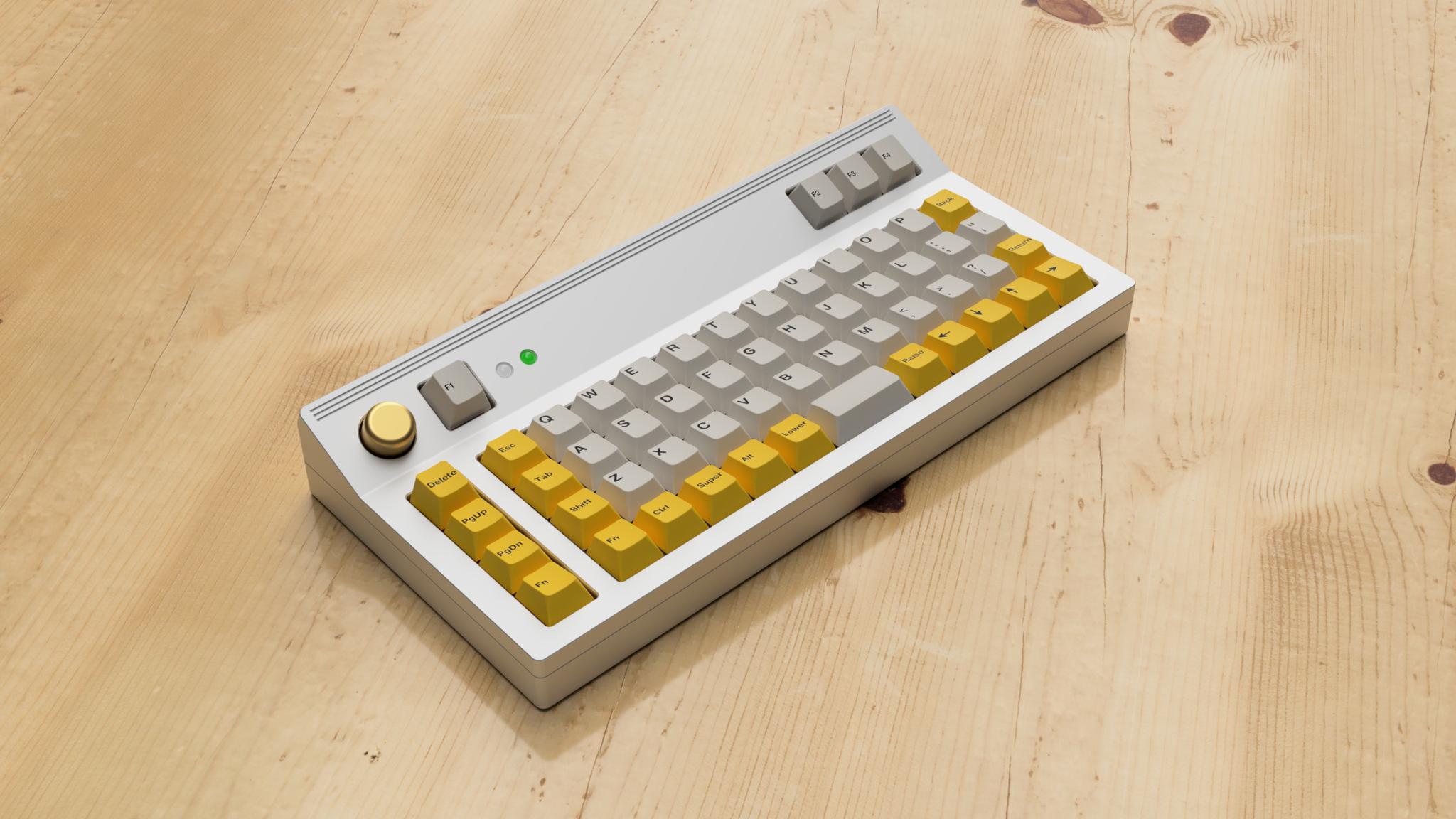 The Ave. - Keyboard group buy cover image featuring The Ave, group buy, ortholinear, battlestation, Sandblasted Polycarbonate, brass Plate, FR4 Plate, GB, QMK Firmware, RGB LEDs, USB Type-C, rotary encoder