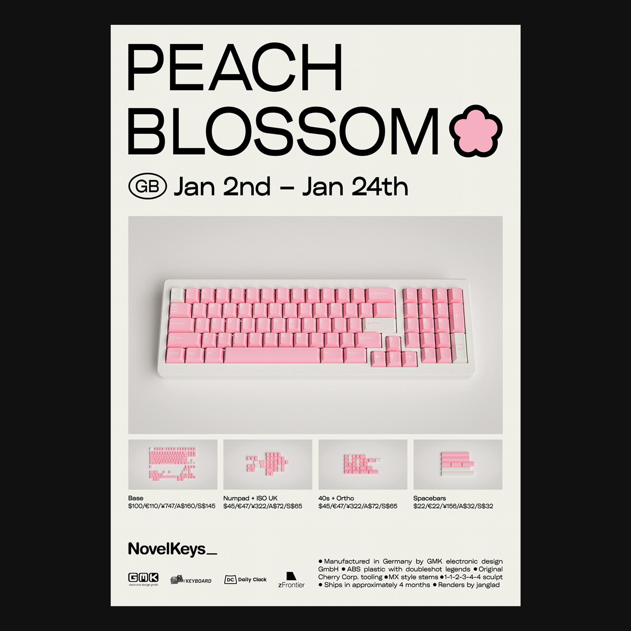 GMK Peach Blossom - Uncategorized group buy cover image featuring GMK Peach Blossom, group buy, NovelKeys, Mykeyboard, zFrontier, Daily Clack, ILUMKB, keyboard kits, base kit, numpad, ISO, spacebars