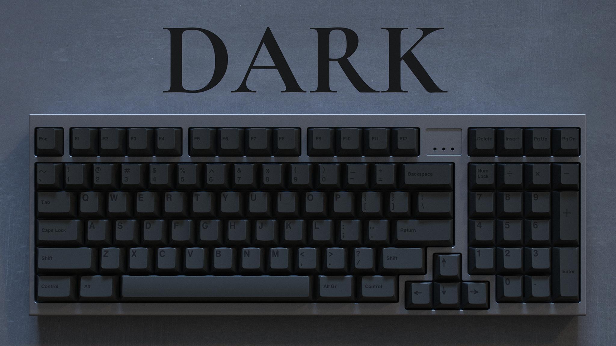 GMK Dark - Keycap group buy cover image featuring GMK Dark, keycaps, keyboard layouts, group buy, TheKey.Company, CandyKeys, Switchkeys, ZFrontier, low-contrast, high-compatibility