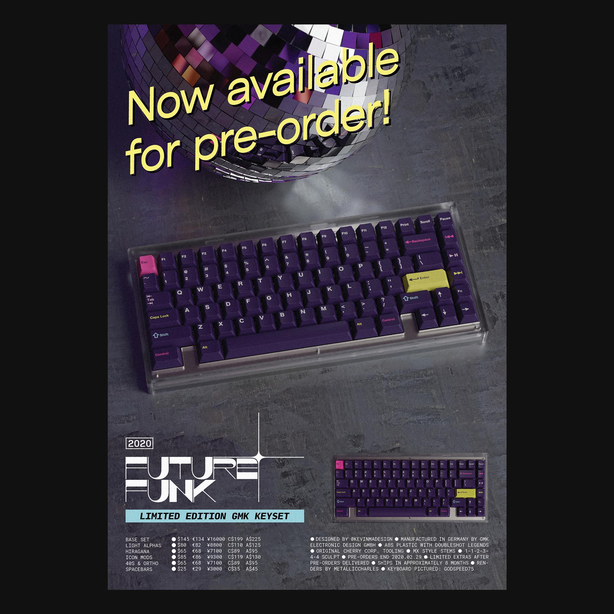 GMK Future Funk (GB) - Keycap group buy cover image featuring GMK Future Funk, group buy, mechanical keyboards, keycaps, keyboard mods, colorful keycaps, The Key Company, limited edition, custom keyboards
