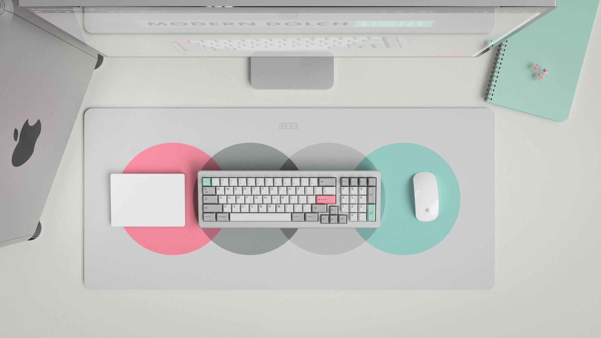 GMK Modern Dolch Light (GB) - Keycap group buy cover image featuring GMK Modern Dolch Light, keycap set, keyboard, customization, cool greys, cyan accents, low contrast, compatibility