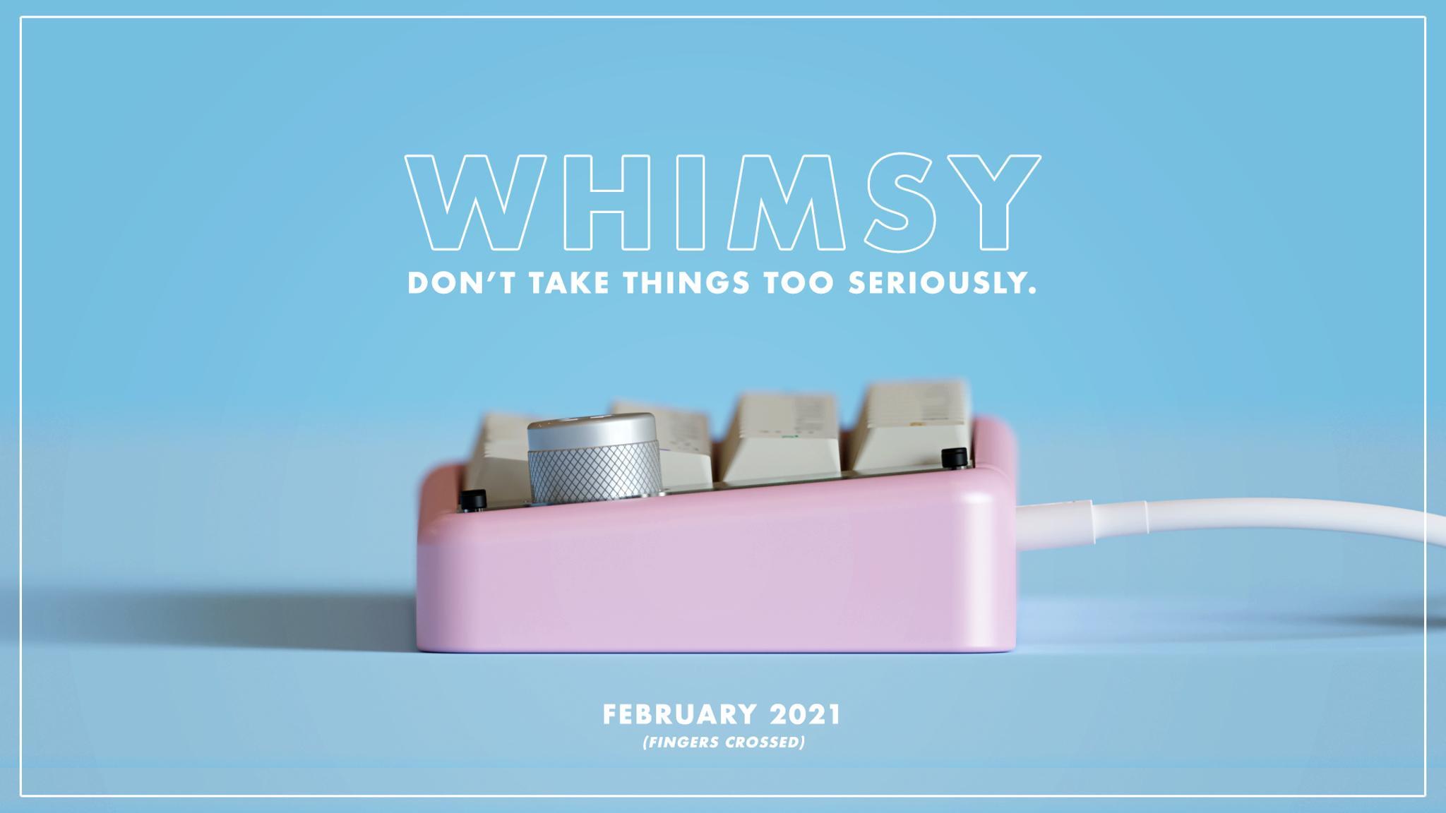 Whimsy - 40% Keyboard (IC) - Keyboard interest check cover image featuring Whimsy, 40% keyboard, IC, machined case, aluminium, OLED, rotary encoder, custom keyboard, Elite-C, PCB design, keyboard feedback, keyboard projects