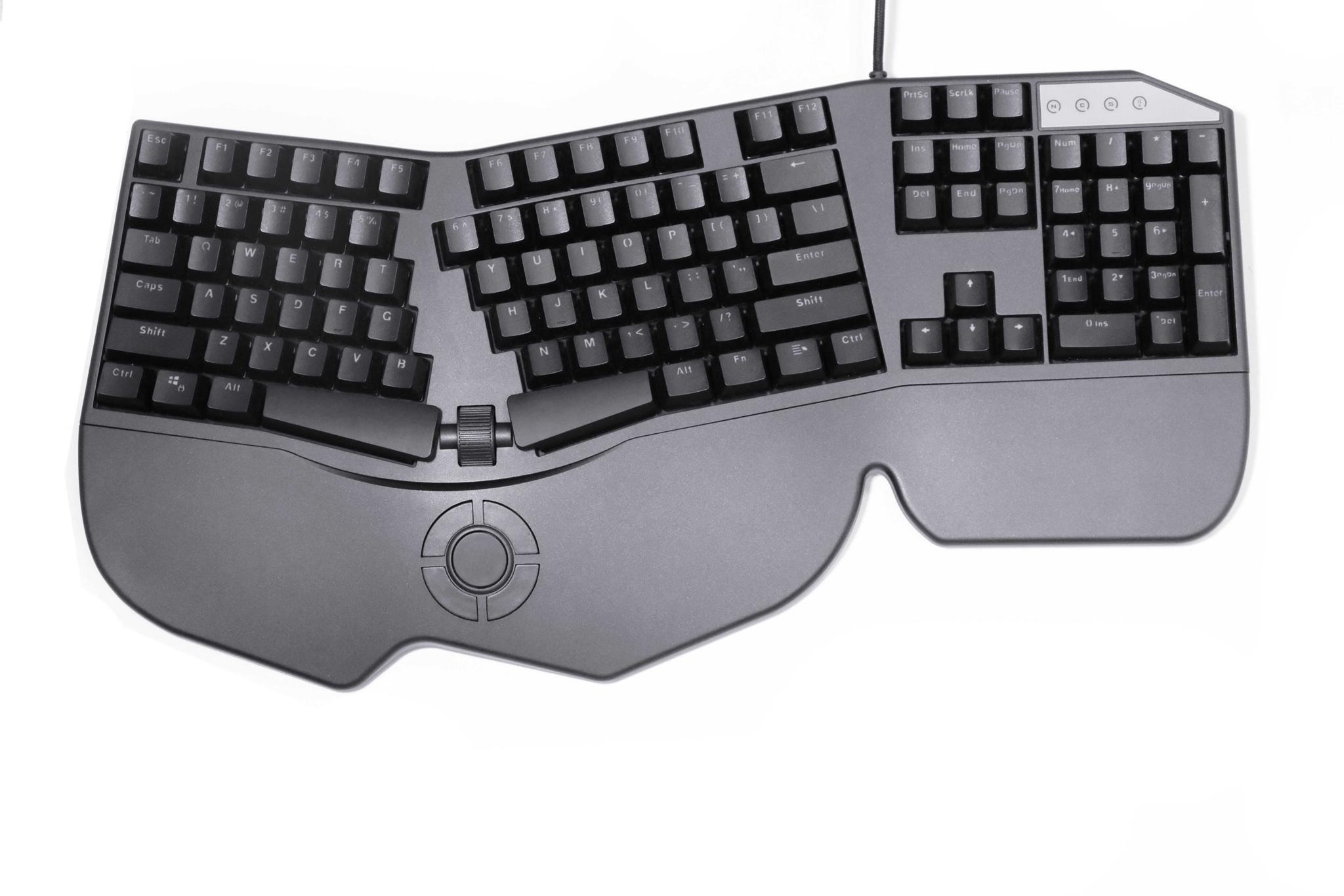 104 Key Ergonomic MK (IC) - Keyboard interest check cover image featuring 104 key, ergonomic, prototype, switch compatibility, wired keyboard, doubleshot ABS keycaps, RGB lighting, NKRO, USB hub, multimedia controls