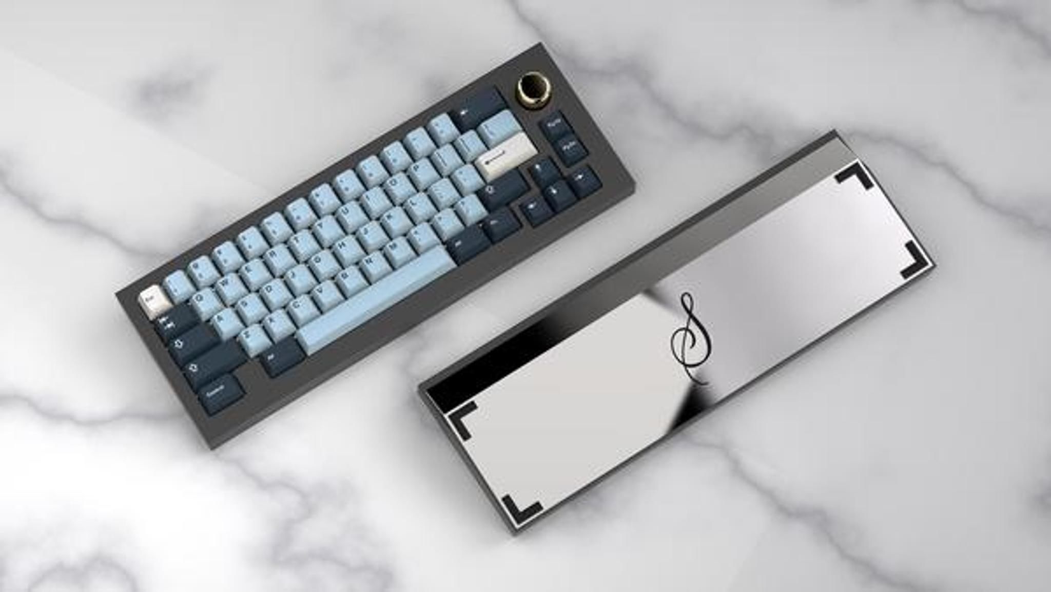 Serenity (IC) - Keyboard interest check cover image featuring Serenity, 65% split cluster keyboard, rotary knob, custom keyboard, GMK Mizu, Keycult No. 2 SS, productivity, QMK support, Gasket Mounted, mirror polished, PVD Brass, aluminum, group buy