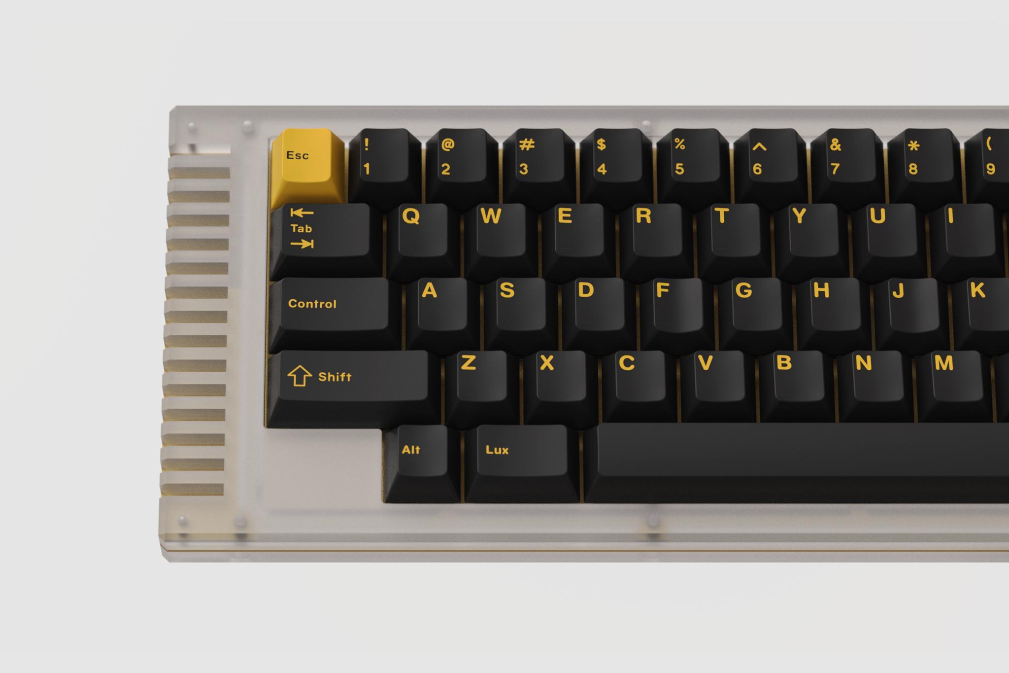 GMK Lux (GB) - Uncategorized group buy cover image featuring GMK Lux, keycap set, black and gold, Cherry profile, MX switches, luxury keyboard, BeamingRobot, Zambumon