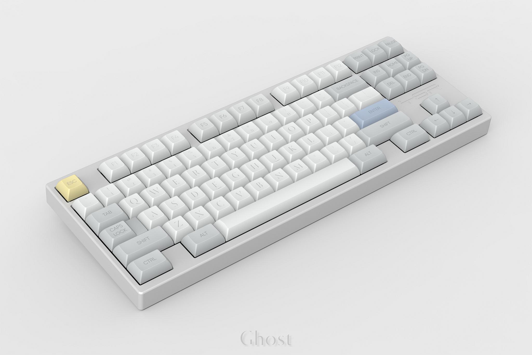 KAM Ghost (GB) - Keycap group buy cover image featuring KAM Ghost, keyboard, group buy, dyesub PBT, low contrast, white set, St Croce Alphas, NovelKeys, MyKeyboard, zFrontier, DailyClack, deskhero, QUAD-H