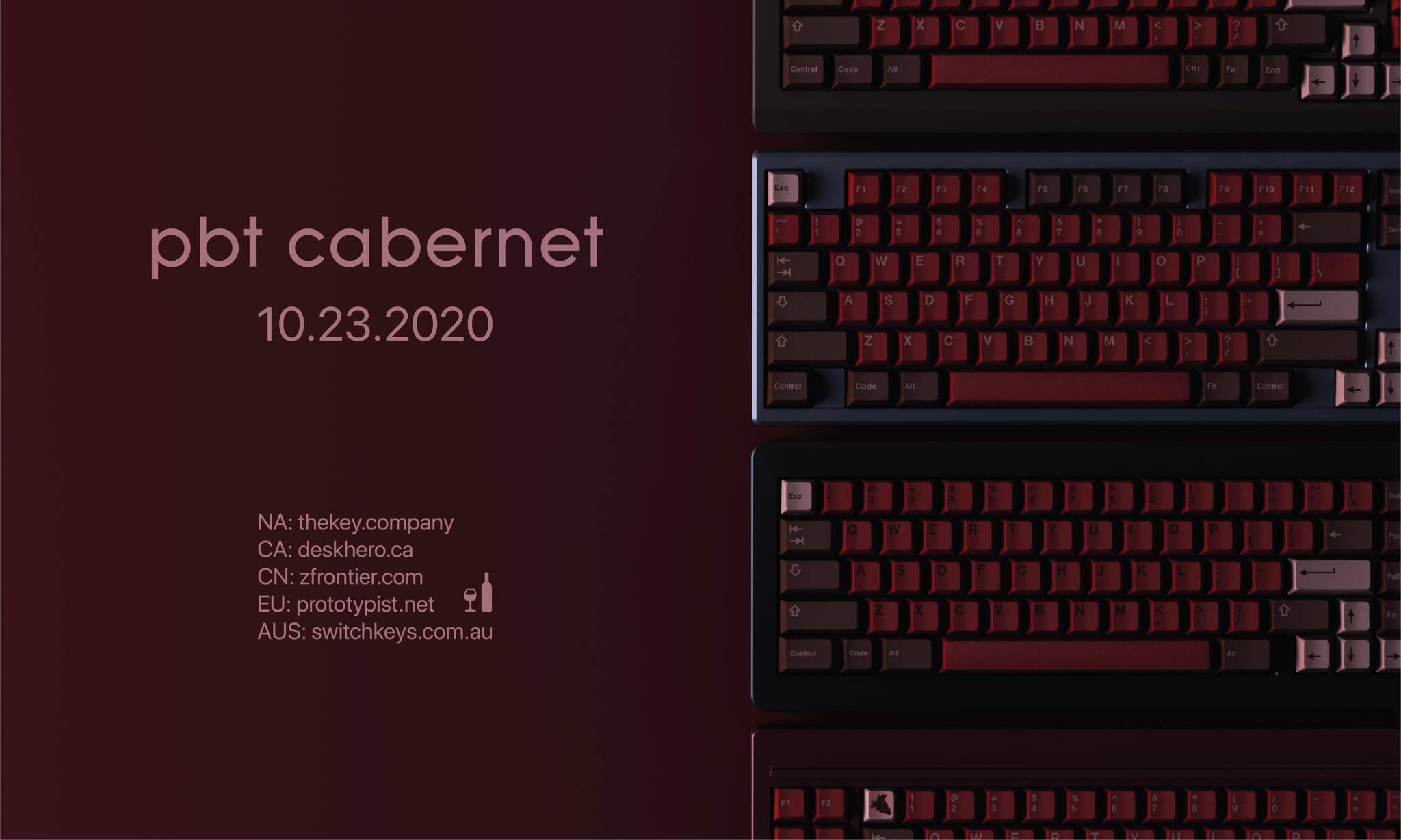 PBT Cabernet (IC) - Keycap interest check cover image featuring PBT, Cabernet, keycaps, Infinikey, group buy, The Key Company, deskmat, Base Kit, Adaptive Kit, Dark Alphas