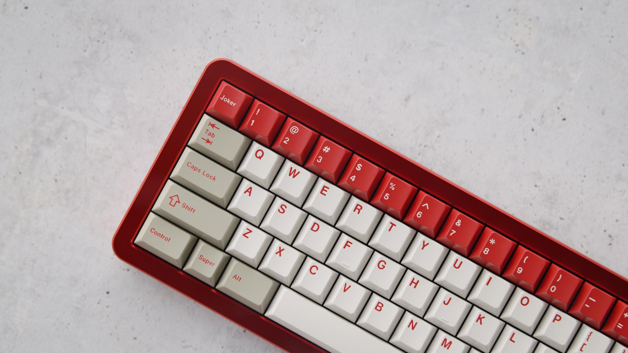 GMK Red Alert (IC) - Keycap interest check cover image featuring GMK Red Alert, keyboard, keycap set, Interest Check, GMK Birch, Mechs & Co, Hubble 65, artisan caps, GMK Cyrillic Beige, custom legends