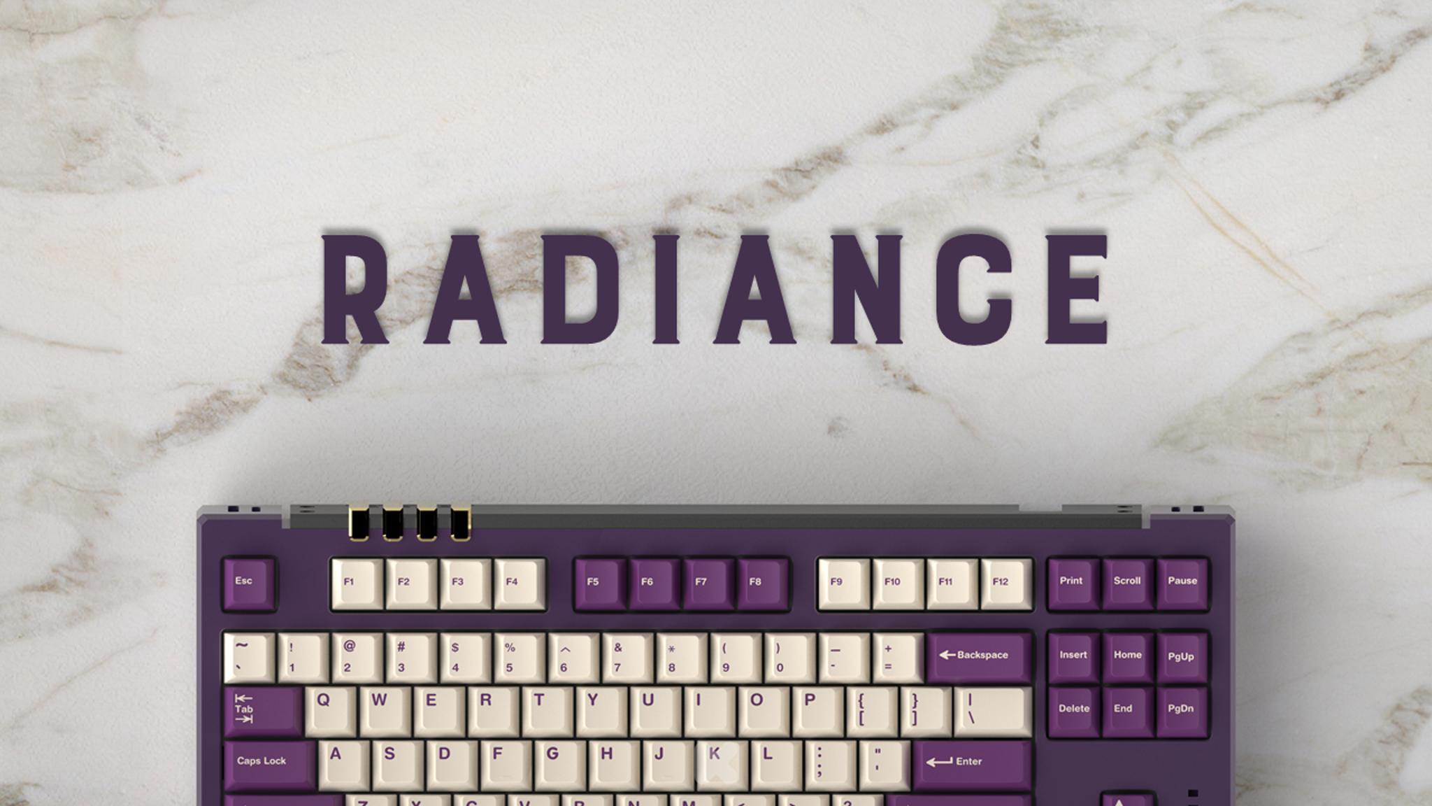 43 Studio Radiance TKL (IC) - Keyboard interest check cover image featuring 43 Studio, Radiance, keyboard kit, customizable, RGB elements, top mount design, anodized finish, e-coating, PVD mirror polished, community, feedback, group buy