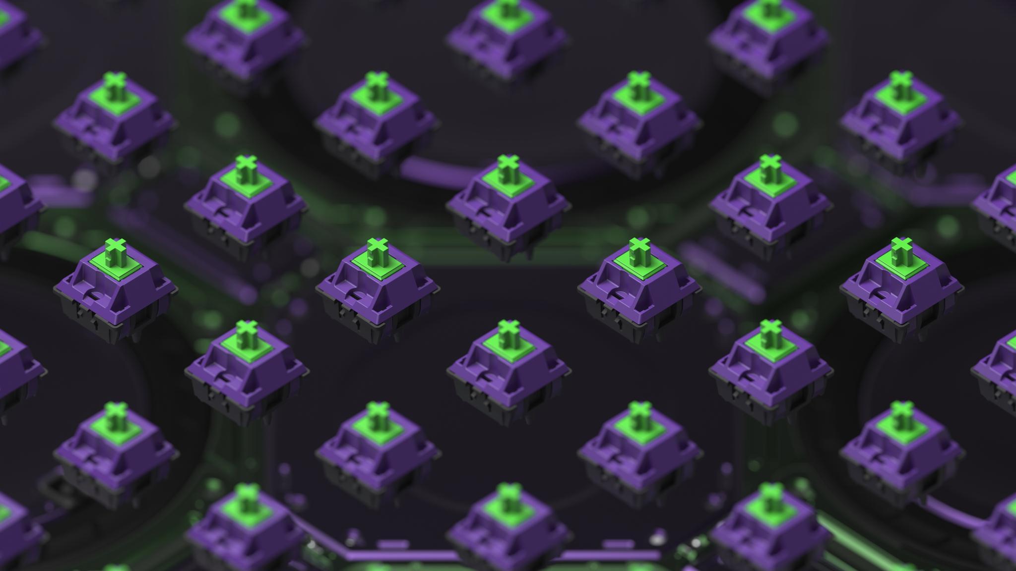 EV-01 Switches (IC) - Switch interest check cover image featuring EV-01 switches, IC, mecha anime, bespoke.keys, Durock linear switches, Alpacas, Mauves, H1, PC, POM, Nylon, gold plated spring, purple, green, Keygem, Aura Mech, group buy