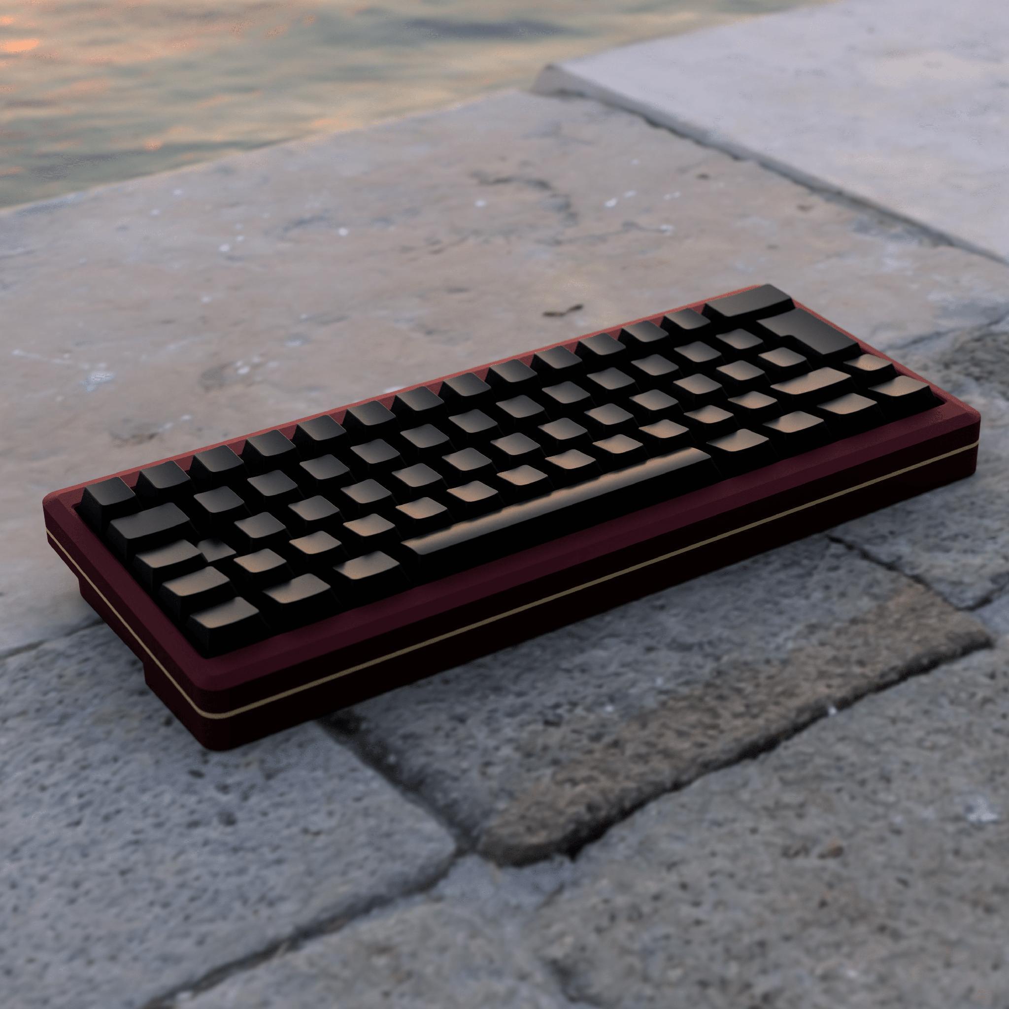 Meso (IC) - Keyboard interest check cover image featuring Meso, sandwich mount keyboard, HHKB, WKL, Standard layout, aluminum case, QMK-compatible, brass weight, typing angle, anodized finishes