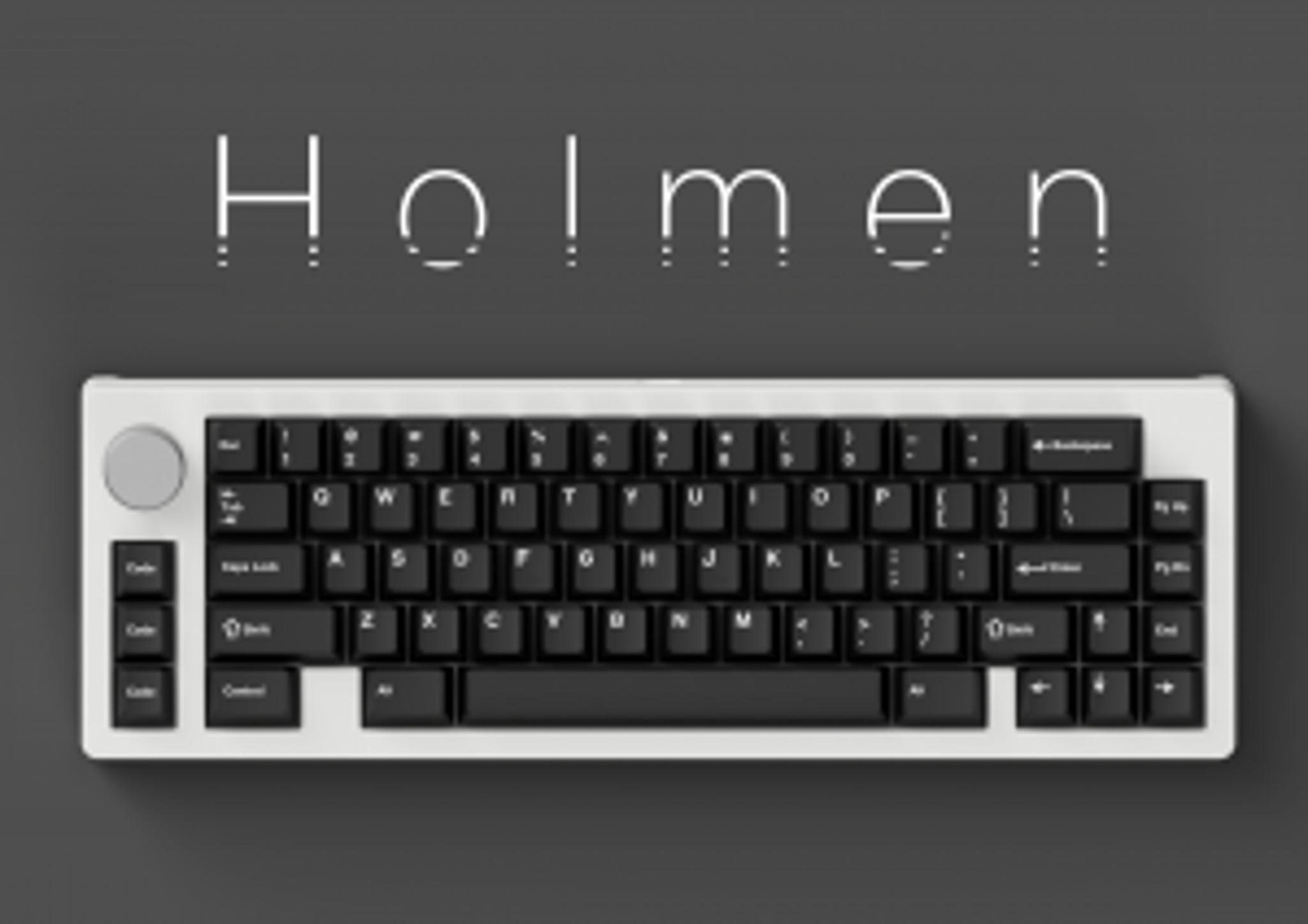 Holmen 65% Keyboard (IC) - Keyboard interest check cover image featuring Holmen, 65% keyboard, gasket mount, productivity, aluminum, rotary encoder, macro keys, removable weight, typing angle, layouts