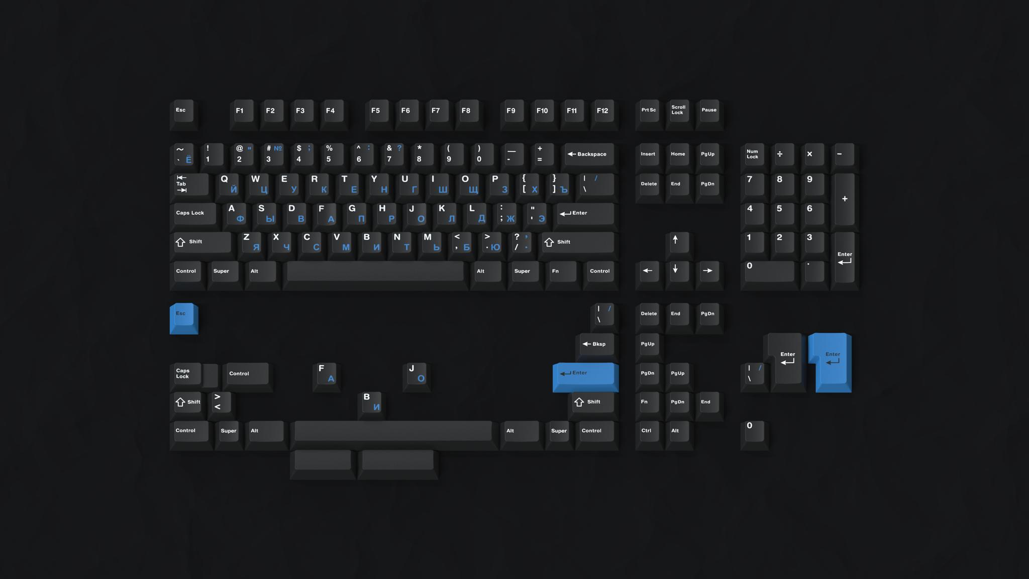 IFK Dark Cyrillic - Keycap group buy cover image featuring IFK, Dark Cyrillic, keyboard set, blue Cyrillic, Infinikey, TKC, Zfrontier, ProtoTypist, MAKeyboard, SwitchKeys, Primecaps, BadChad, Alpha Keycaps