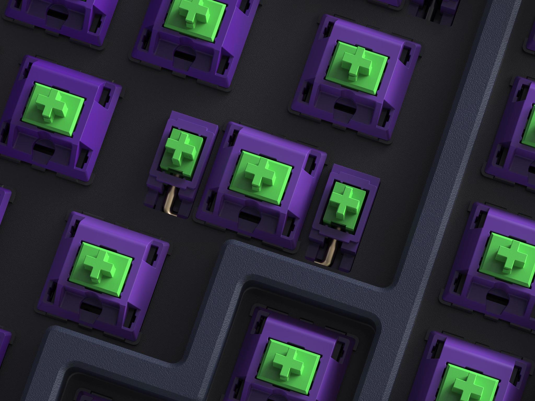 EV-01 Stabilizers by Durock (GB) - Uncategorized group buy cover image featuring EV-01 Stabilizers, Durock, mecha-themed build, spacebar layout, futuristic design, gold hardware, green stems, purple housings, V2 stabilizer design, group buy, keyboard accessories