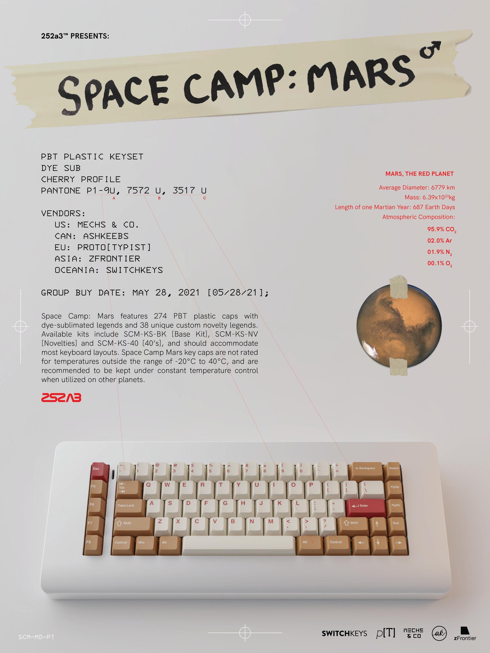 Space Camp: Mars (IC) - Keycap interest check cover image featuring Space Camp, Mars, IC, base kit, novelties kit, deskmat, renders, vendors, collaborations, color matching