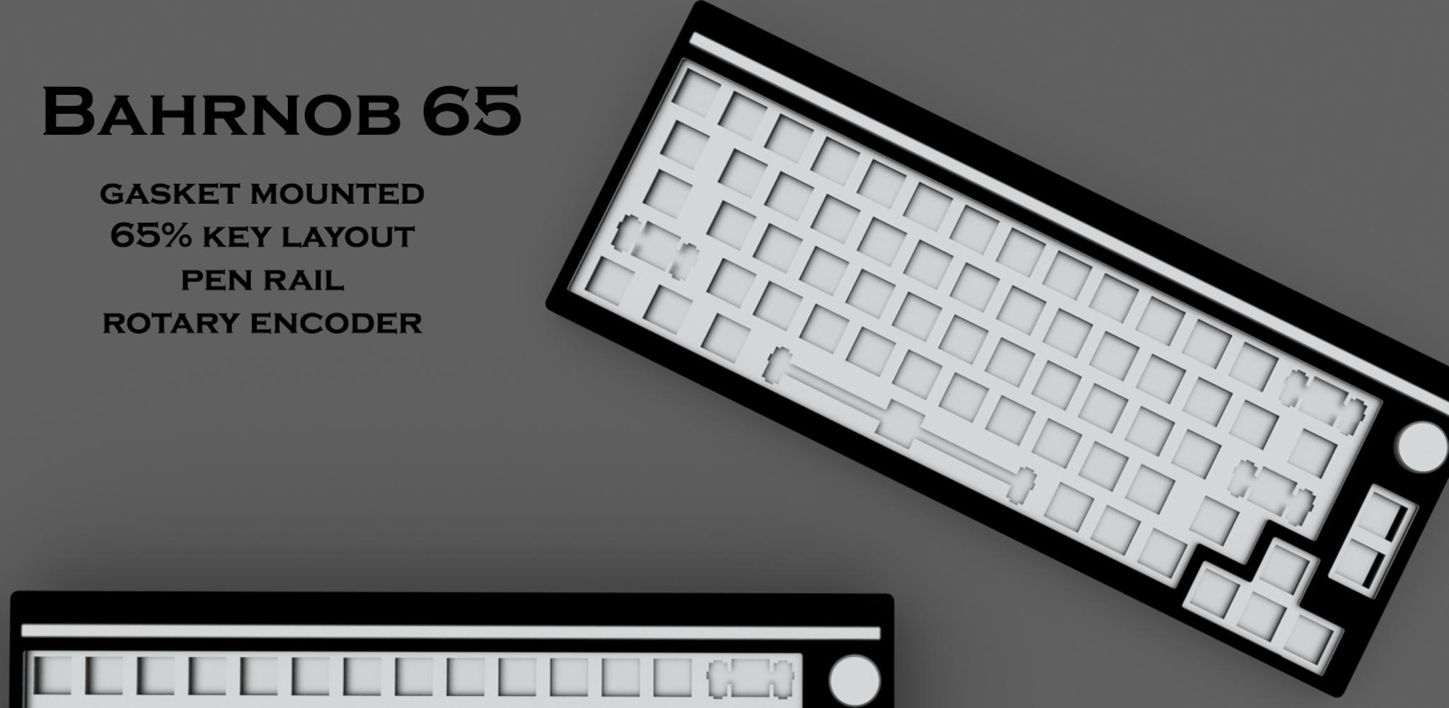 Bahrnob 65 (IC) - Keyboard interest check cover image featuring Bahrnob 65, rotary encoder knob, magnetic pen rail, 65% keyboard, aesthetics, functionality, aluminum, brass, gasket mounted, arrow cluster