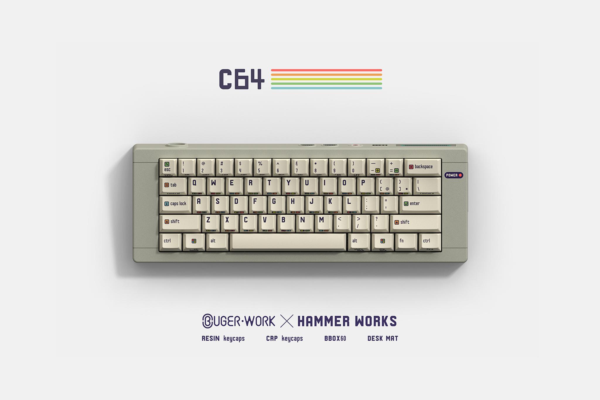 CRP C64 Retro (GB) - Keycap group buy cover image featuring CRP C64 Retro, keycaps, BBOX60 case, theme table mat, group purchase